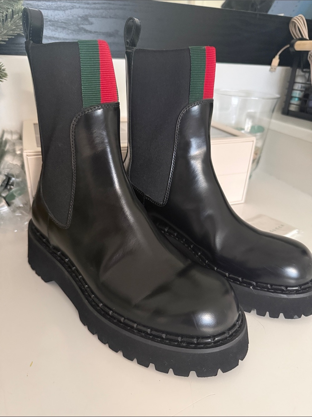 Black Leather Chelsea Boots with Green & Red Accent